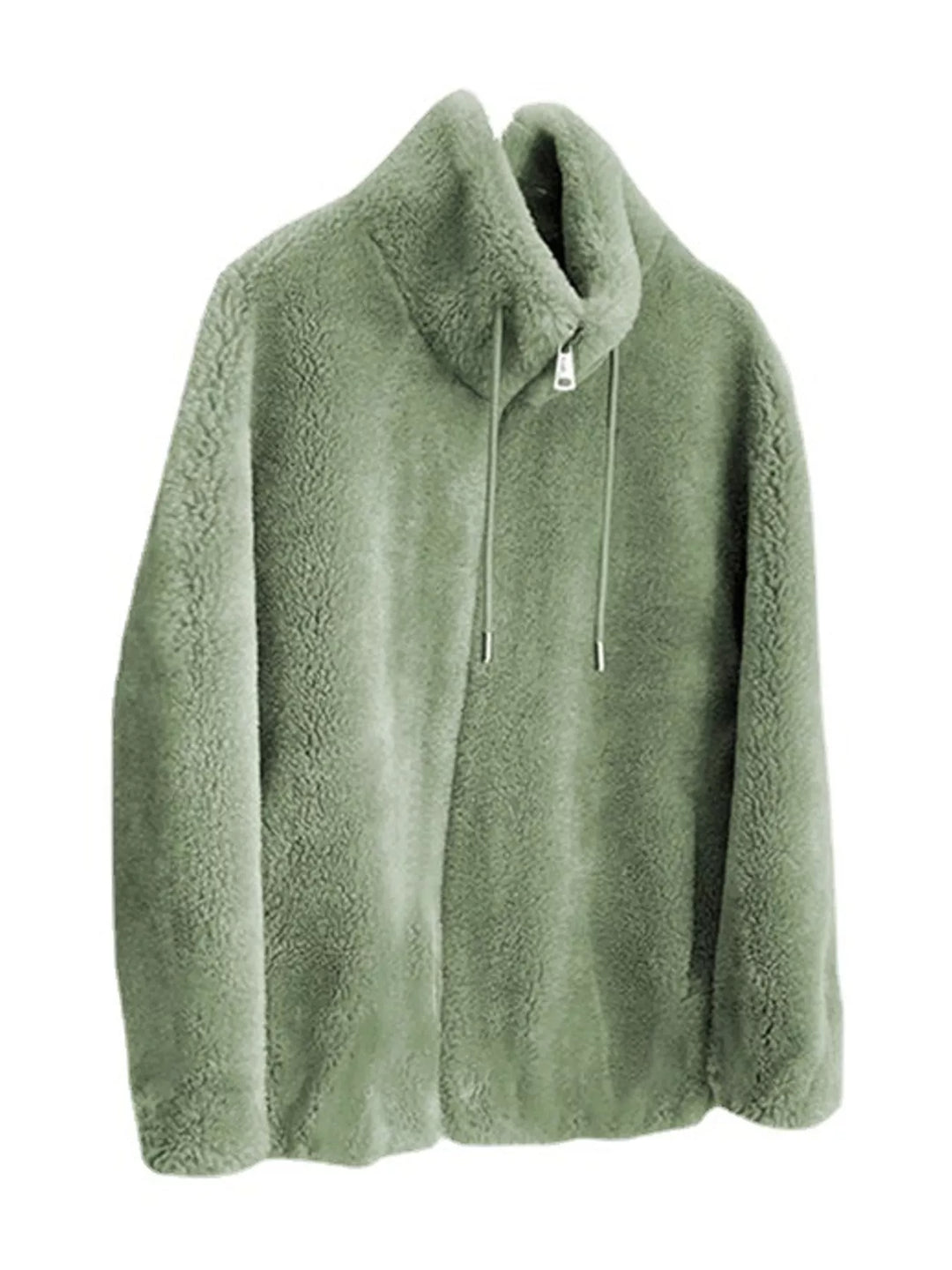 Green faux fur stand-collar zip jacket with drawstring ties
