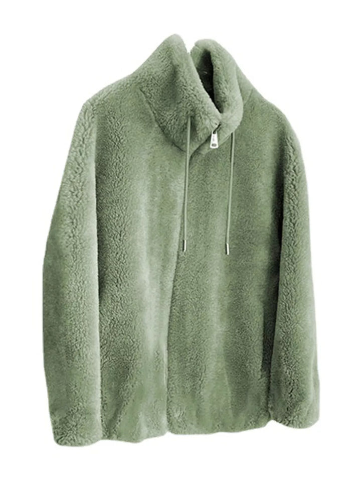 Green faux fur stand-collar zip jacket with drawstring ties