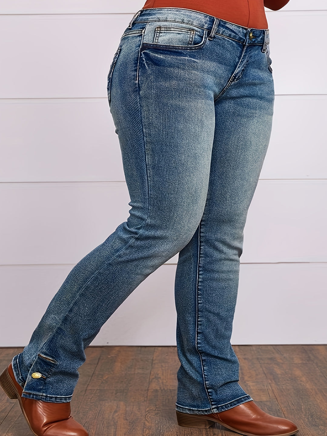 Curvy-fit  Stretch Straight Leg Plus-size Slit Denim Jeans - Flossy Mom