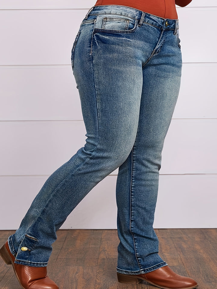 Curvy-fit  Stretch Straight Leg Plus-size Slit Denim Jeans - Flossy Mom