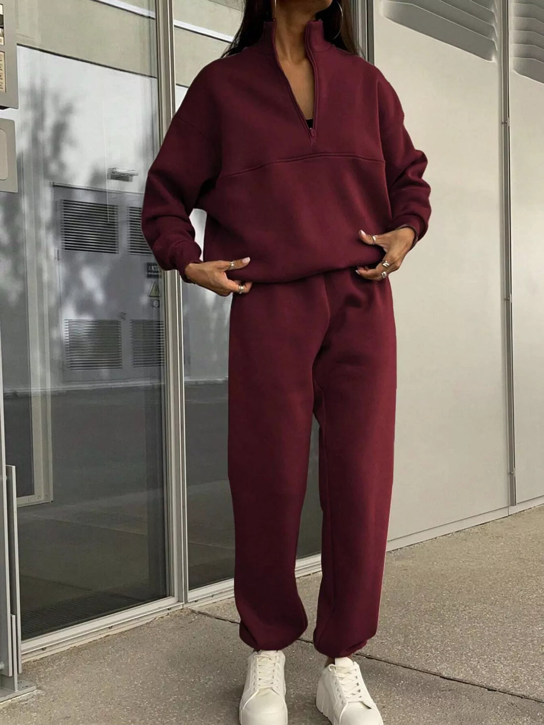 Women's Burgundy Half-Zip Sweatshirt And Joggers Set, Full-Length Front View
