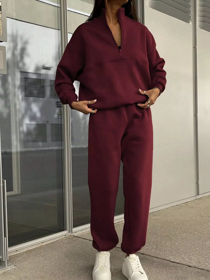 Women's Burgundy Half-Zip Sweatshirt And Joggers Set, Full-Length Front View