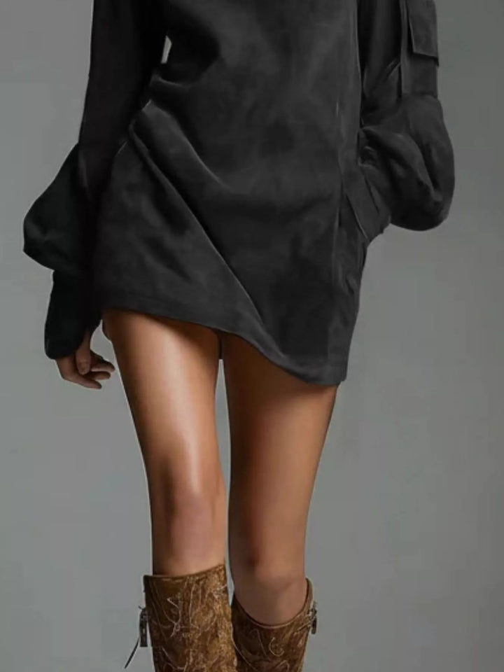 Dark suede turtleneck mini dress with lantern sleeves, long puffed sleeves