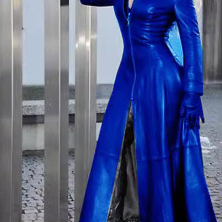 Luxe Stand-Up Collar Symmetrical Slit Hem Leather Coats - Flossy Mom