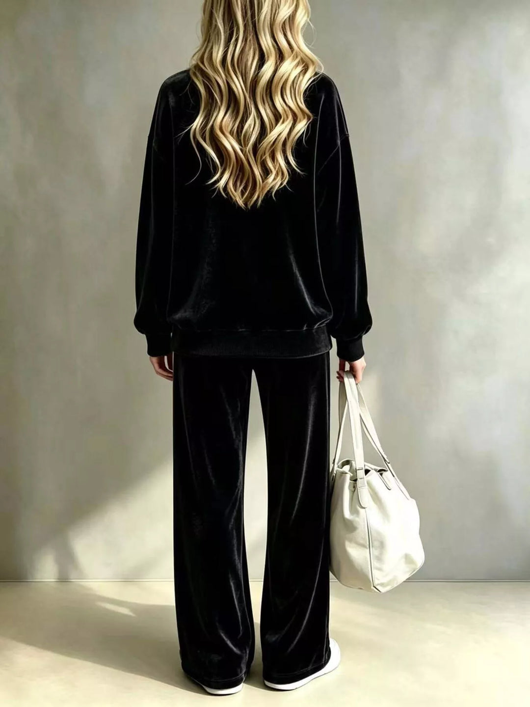 Women's Black Velvet Top And Wide-Leg Pants Set, Back View