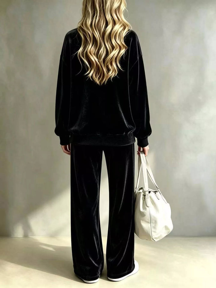 Women's Black Velvet Top And Wide-Leg Pants Set, Back View