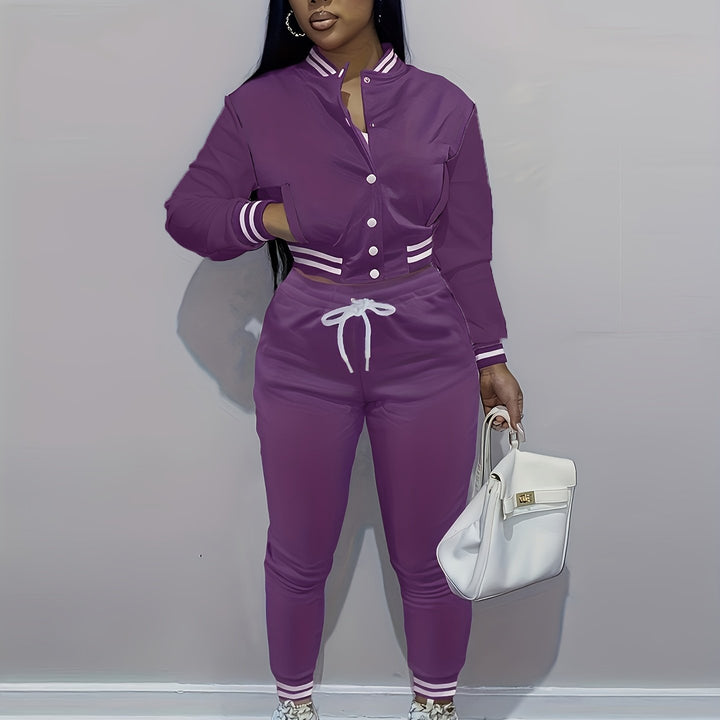Trendy Streetwear Crop Baseball Jacket & Pants Set - Flossy Mom