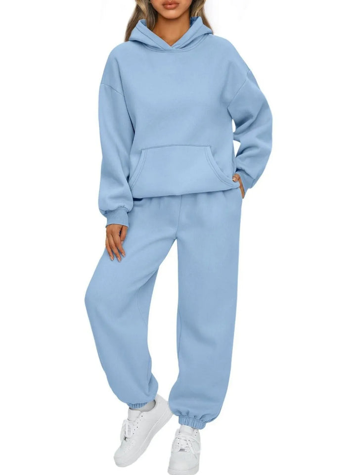 Plus-size light blue hoodie and jogger set with kangaroo pocket and pullover hood