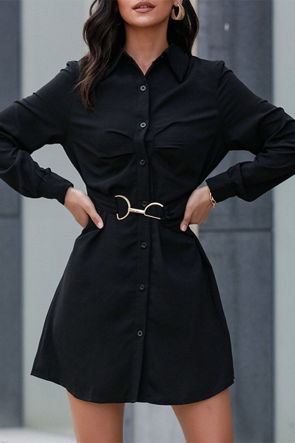 Black belted mini shirt dress, long sleeves, button front, gold loop buckle