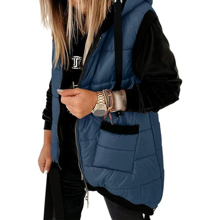 Women’s hooded puffer vest with zipper, two front pockets, dark blue