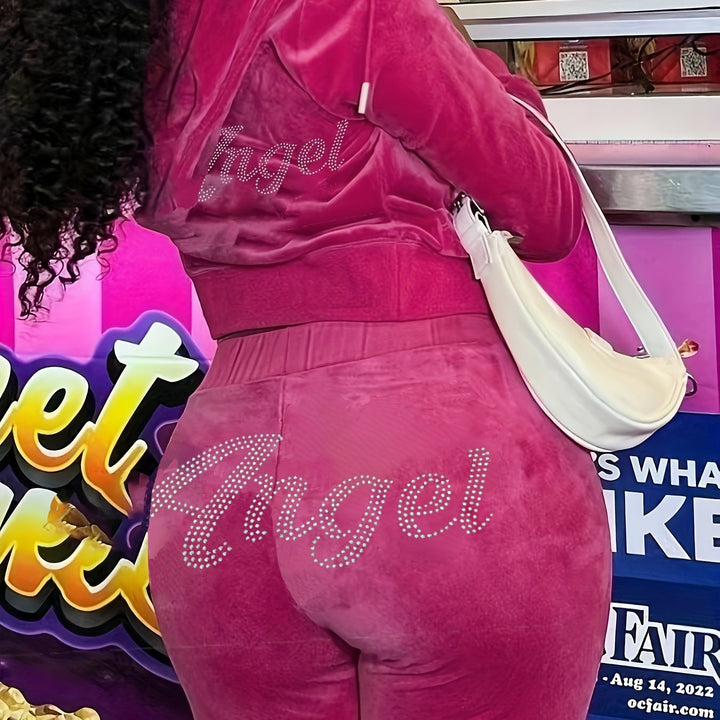 Rhinestone Anglel Print Hooded Velvet Tracksuits - Flossy Mom