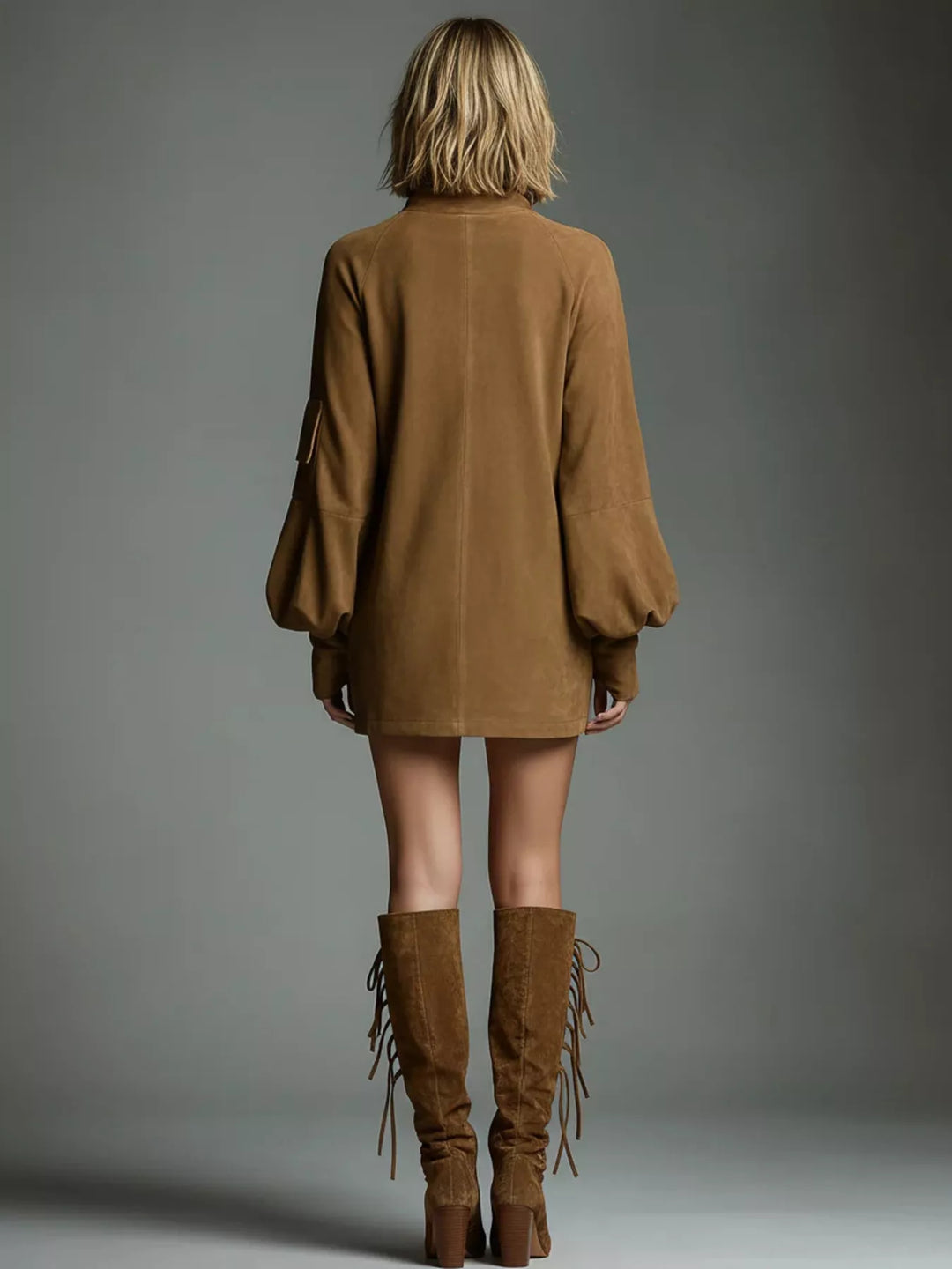 Brown suede mini dress, back view, high turtleneck and lantern sleeves