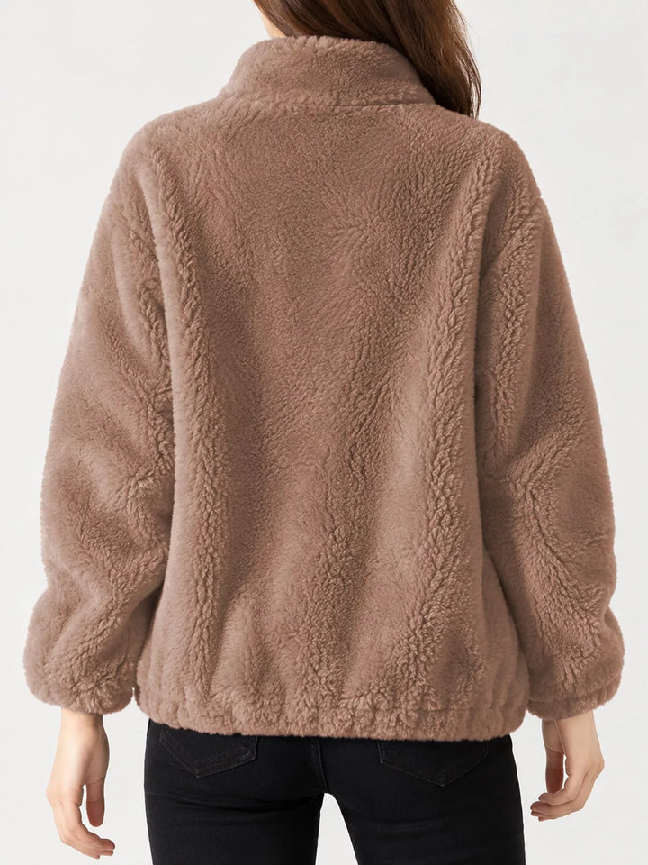 Taupe faux fur stand-collar zip jacket, back view with full-length zipper