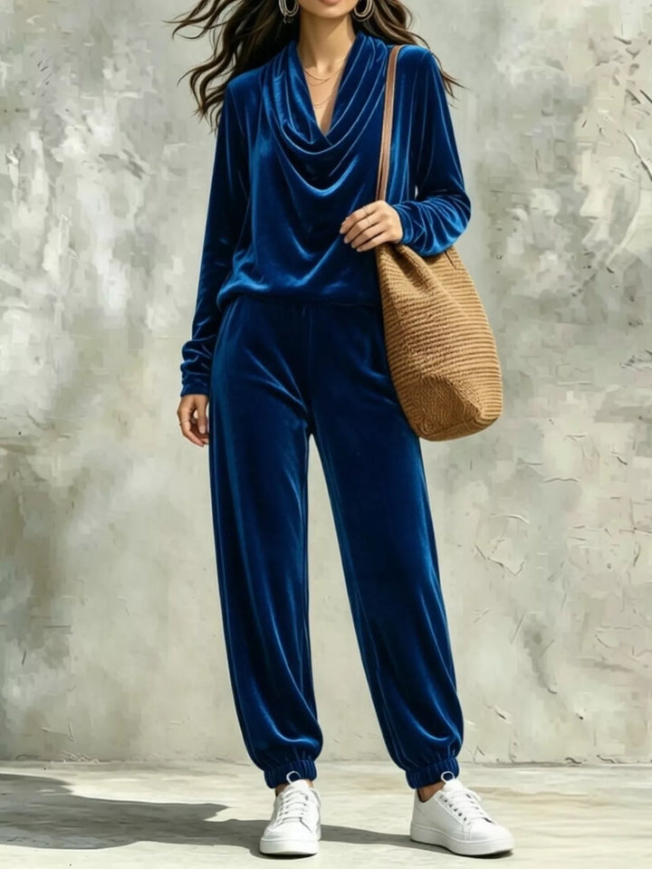 Blue velvet cowl-neck long-sleeve top and matching jogger pants set