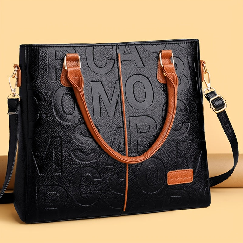 Top Handle Straps Zipper Letter Print PU Leather Handbags - Flossy Mom