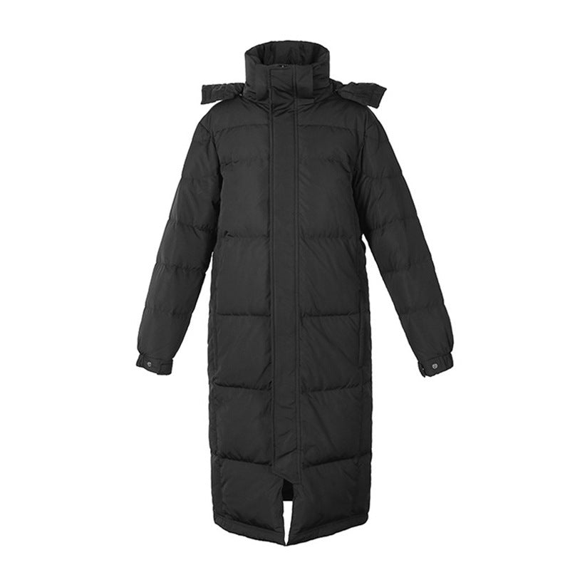 Women's Black Longline Padded Winter Coat With High Collar And Front Pockets, Product View.