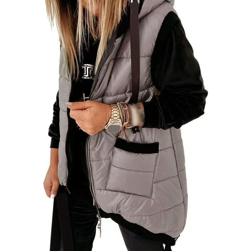 Women's hooded padded vest with front zipper and two pockets, light gray