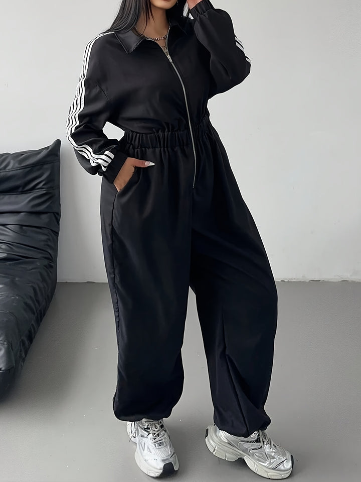 Comfy Loose-Fit Zip-Up Striped Plus Size Jumpsuits - Flossy Mom