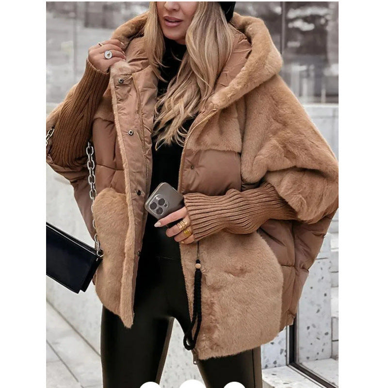 Women’s Deep Khaki Hooded Winter Jacket With Plush Patchwork Panels And Ribbed Cuffs