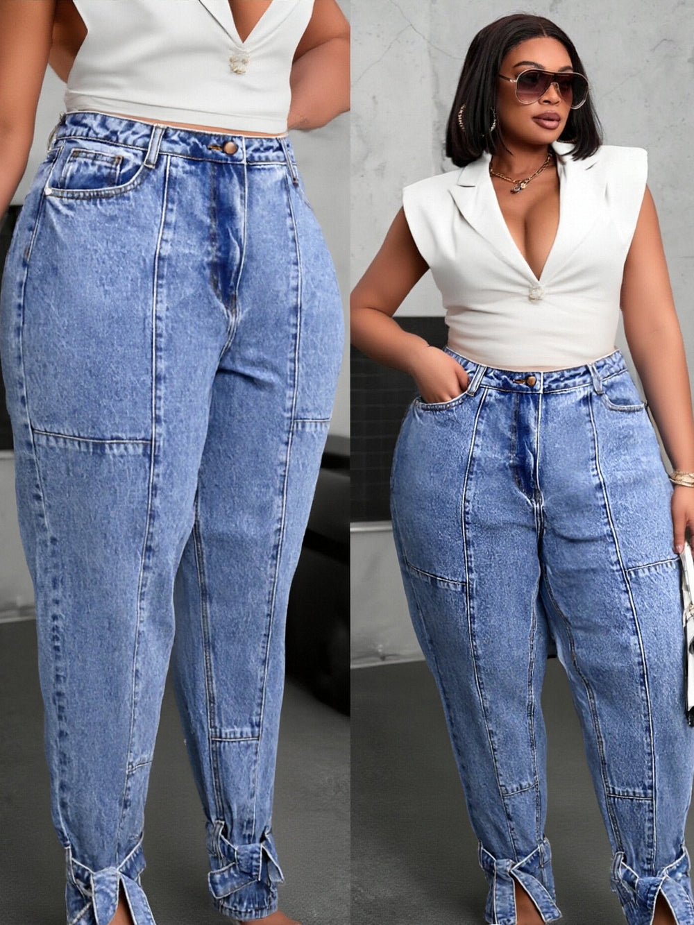 Plus Size Distressed High-Rise Tapered Leg Denim Jeans - Flossy Mom