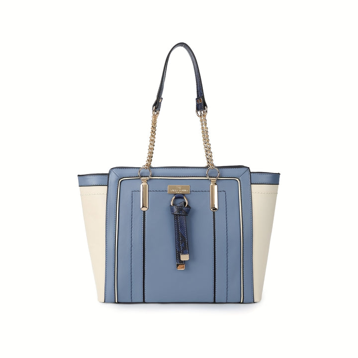 Blue and beige handbag with a chain detail on a white background