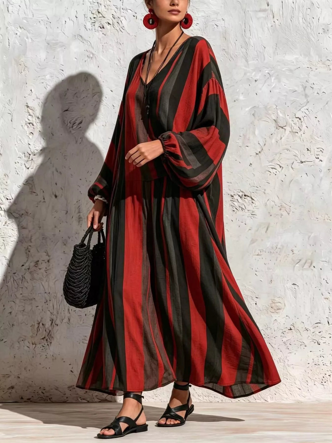Women's Burgundy Bohemian Striped Top And Wide-Leg Pants Set, Angled View