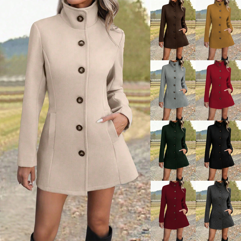 Plus-size stand-collar button coat, light apricot, long sleeves, front pockets