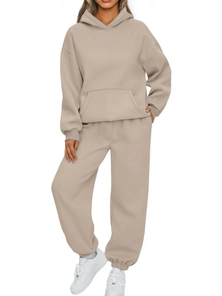 Plus-size khaki hoodie and jogger set with kangaroo pocket and pullover hood
