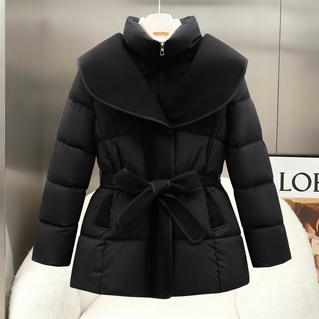 Black belted quilted puffer coat with wide statement collar and front zipper
