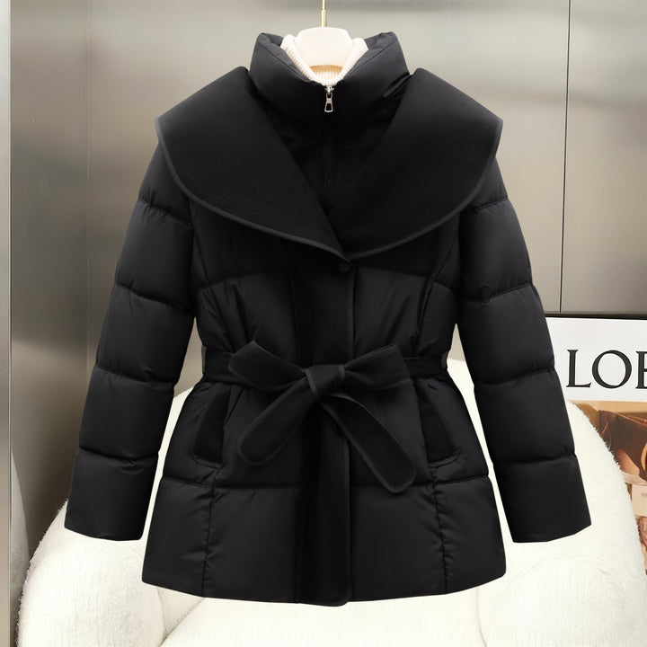 Black belted quilted puffer coat with wide statement collar and front zipper