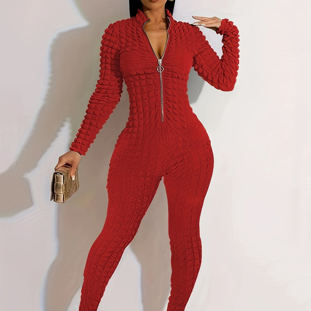 Sexy  Long Sleeve Puff Design Stretchy Zipper Jumpsuits - Flossy Mom