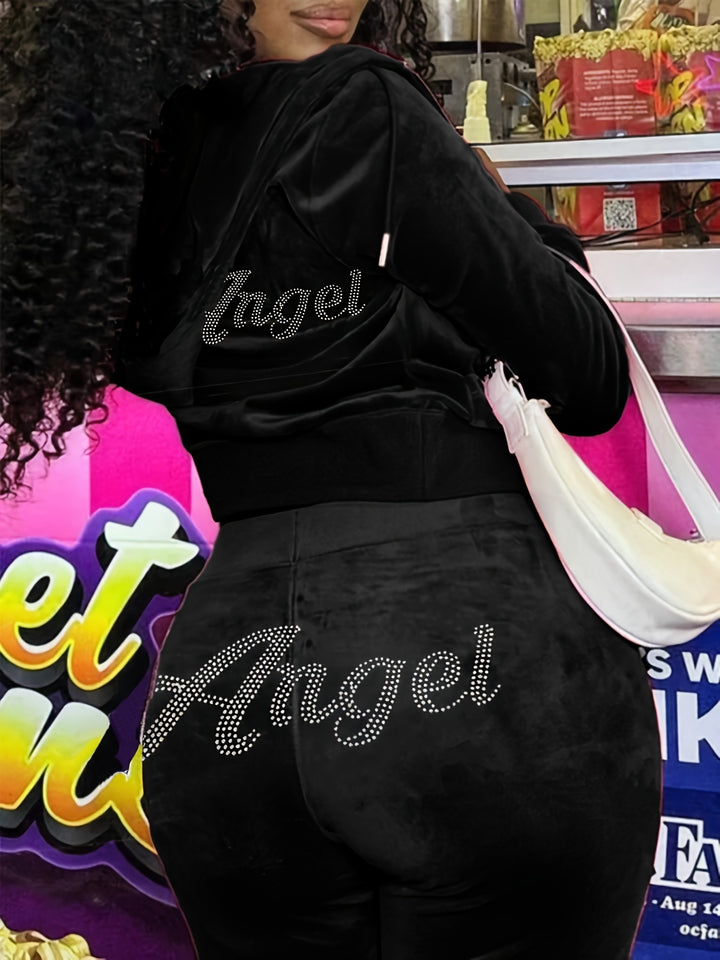 Rhinestone Anglel Print Hooded Velvet Tracksuits - Flossy Mom