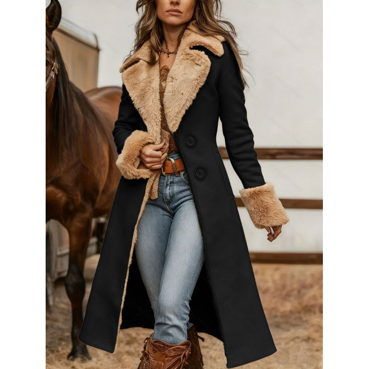Women's Black Longline Western Coat With Tan Plush-Look Collar And Cuffs