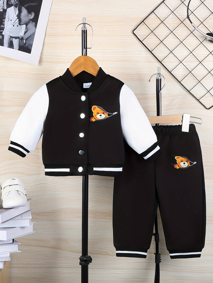 🐻 Cozy Peeking Bear Print Varsity Jacket + Pants - Flossy Mom