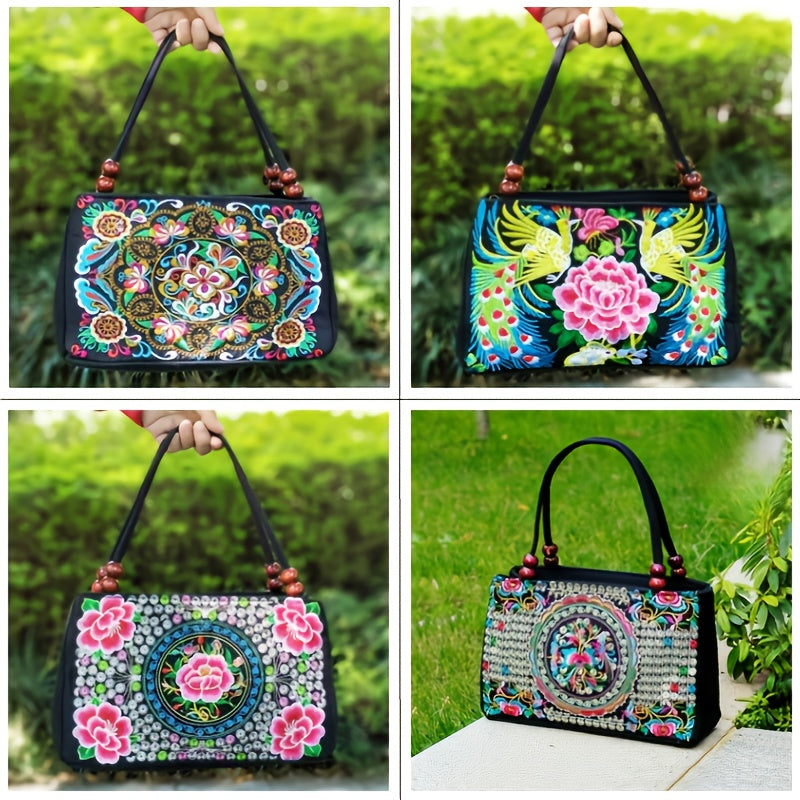 Collage of a colorful handbag with floral and geometric patterns held by a person outdoors.