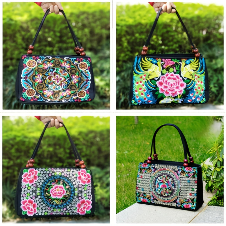 Collage of a colorful handbag with floral and geometric patterns held by a person outdoors.