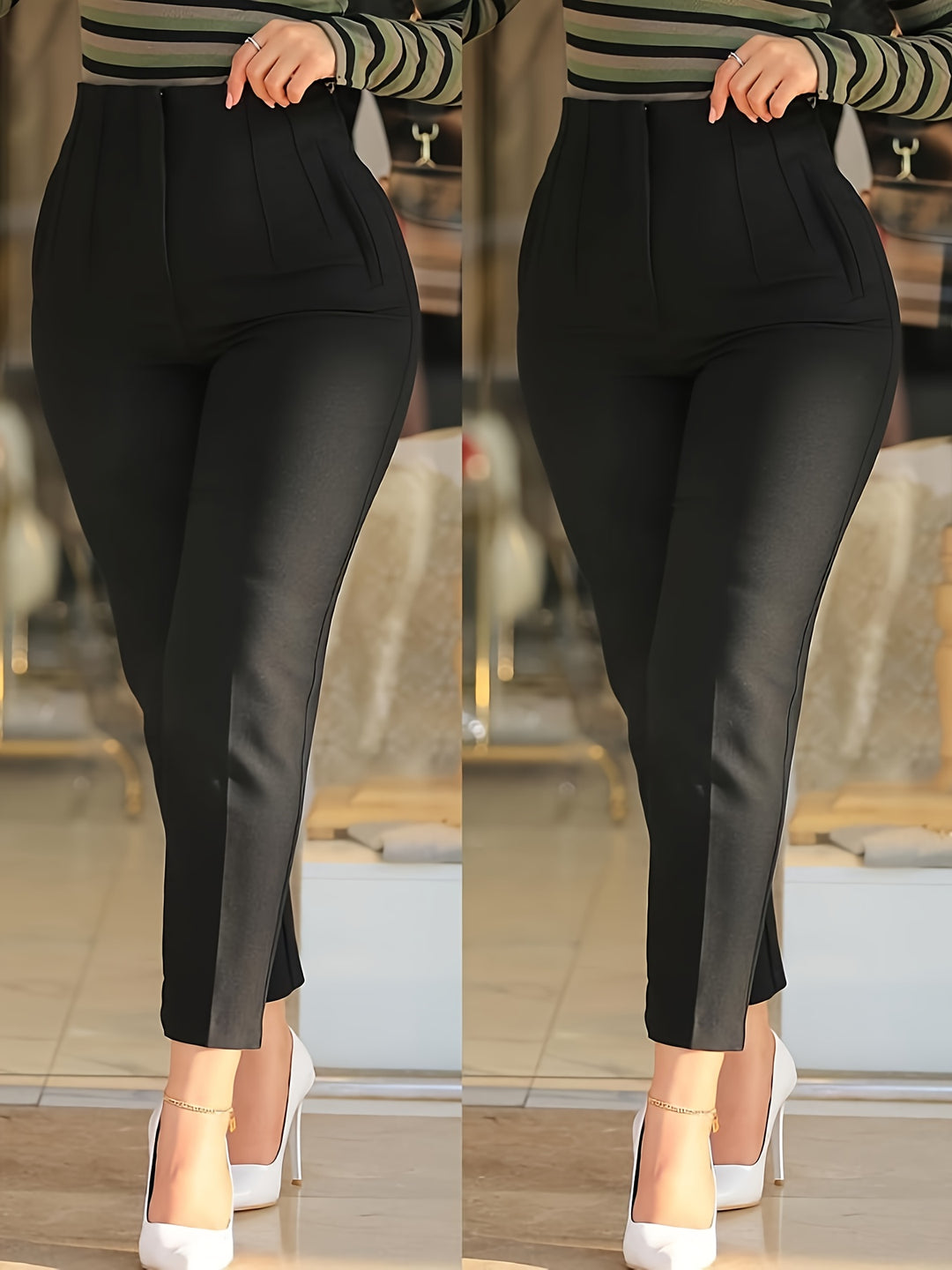 Black pants worn by a person with a blurred background