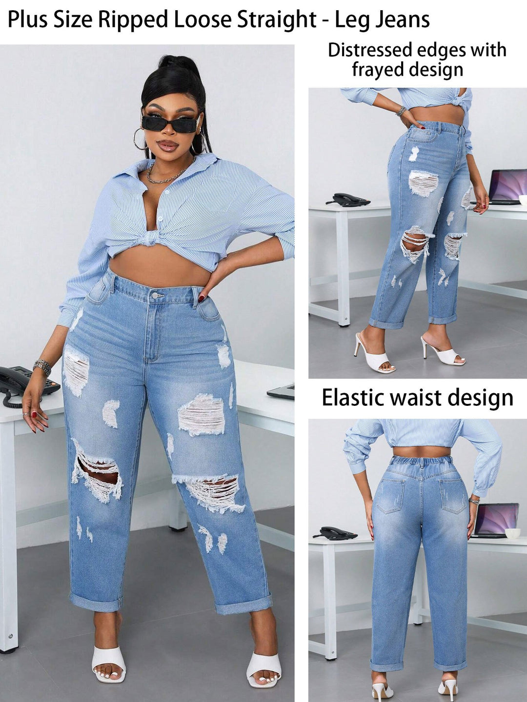 Plus size ripped loose straight-leg jeans with distressed edges and elastic waist design.
