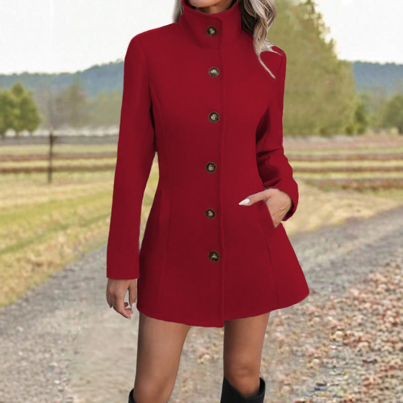 Plus-size stand-collar button coat, bright red, long sleeves, button front, pockets