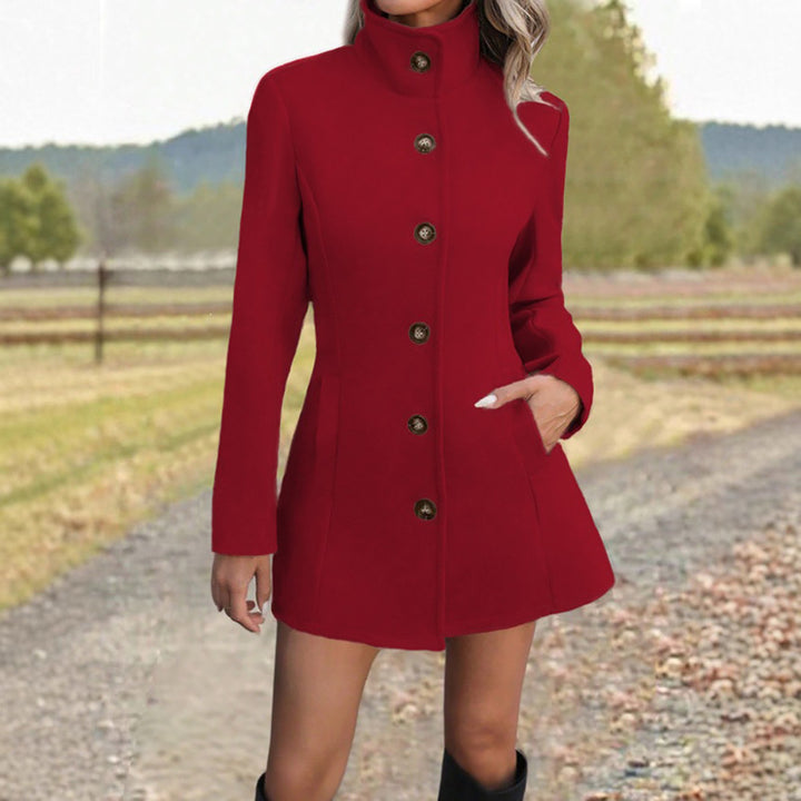 Plus-size stand-collar button coat, bright red, long sleeves, button front, pockets