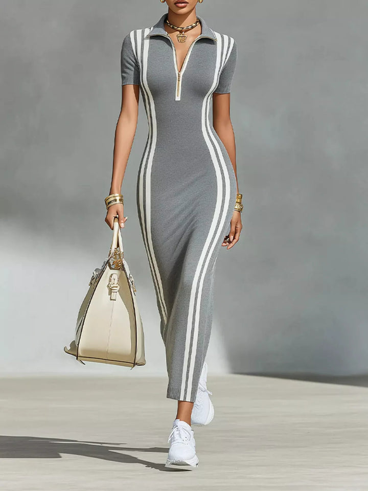 Gray midi dress with short sleeves, contrast vertical stripes, front zip