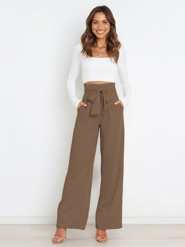 Women's Solid Color Casual All-Matching Belted Wide-Leg Trousers