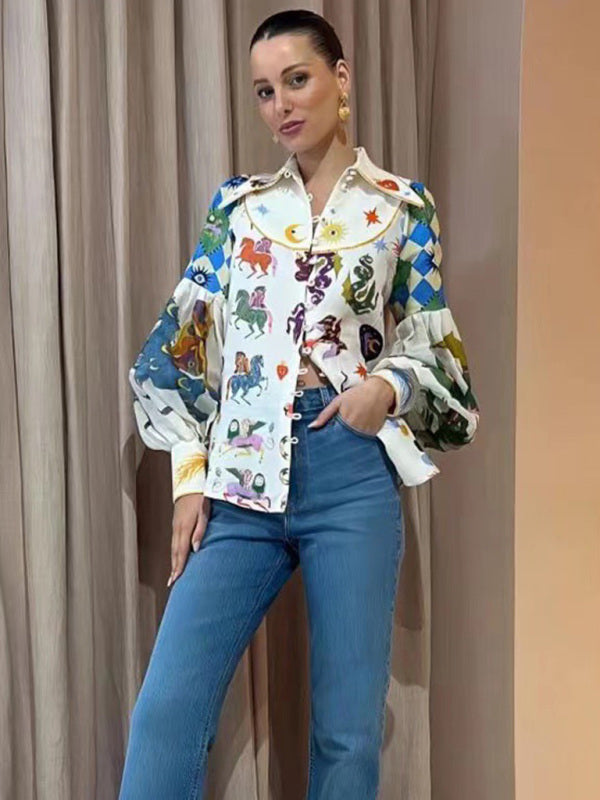 Retro Stylish Print Button Collar Lantern Sleeve Shirts - Flossy Mom