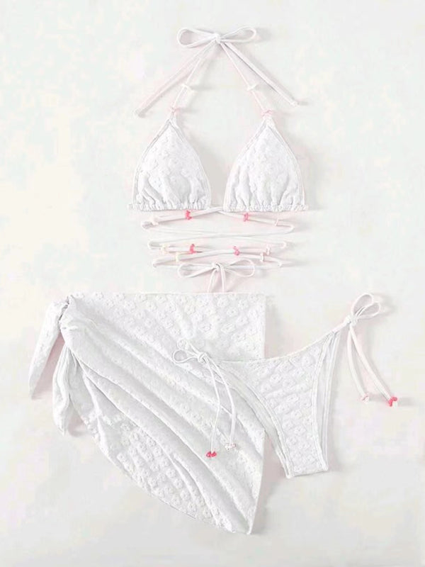Three-piece Bikini Swimsuits with Floral Lace Pattern