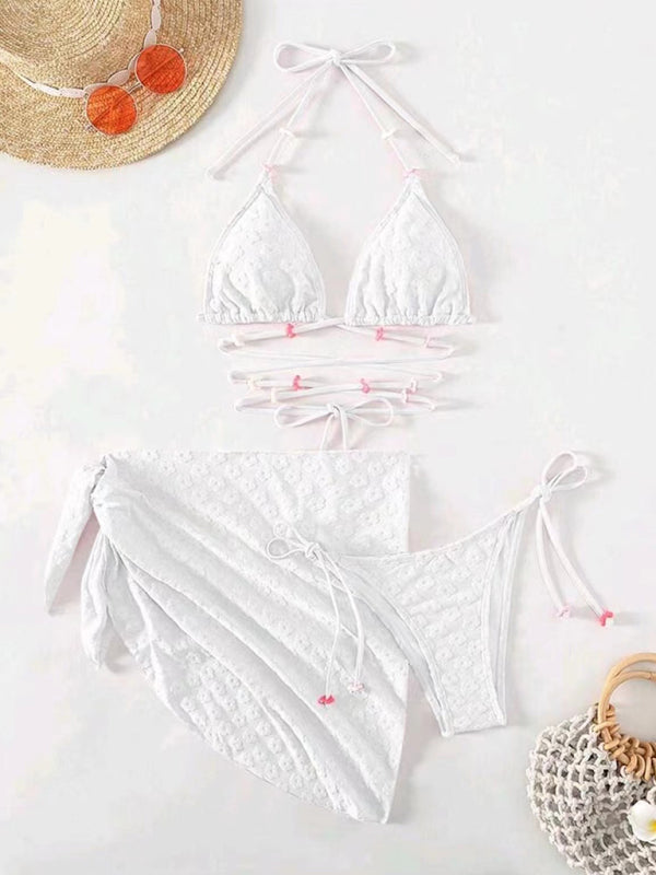 Three-piece Bikini Swimsuits with Floral Lace Pattern