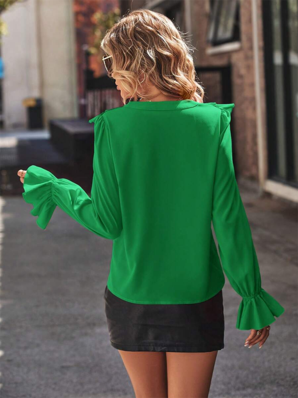 Office Lady V-neck Ruffle Lantern Puff Sleeve Shirts - Flossy Mom