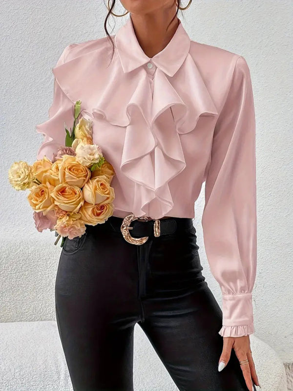 Office Lady Stand Up Collar Layered Ruffled Women’s Shirts - Flossy Mom