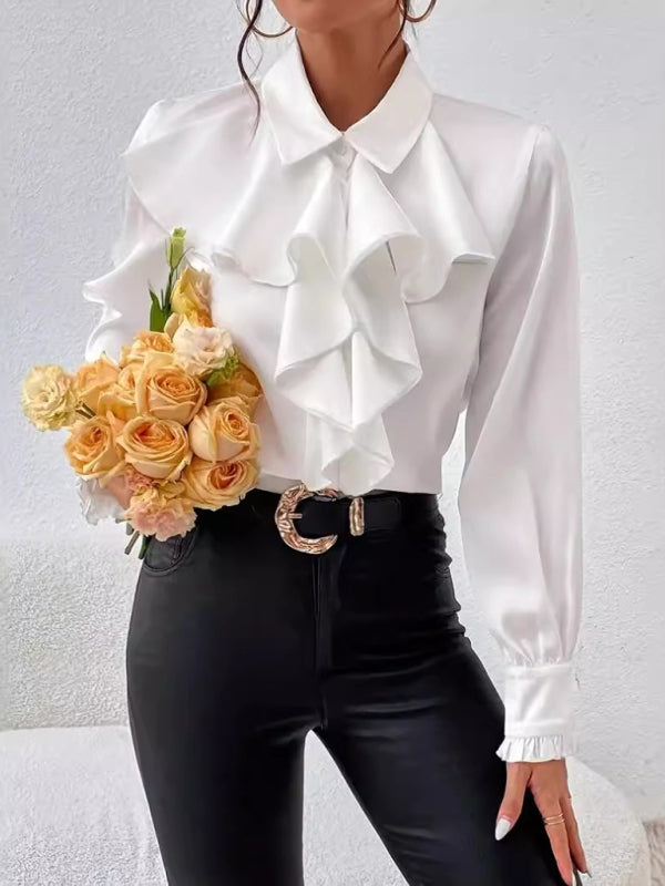 Office Lady Stand Up Collar Layered Ruffled Women’s Shirts - Flossy Mom