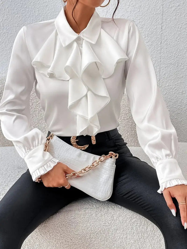 Office Lady Stand Up Collar Layered Ruffled Women’s Shirts - Flossy Mom