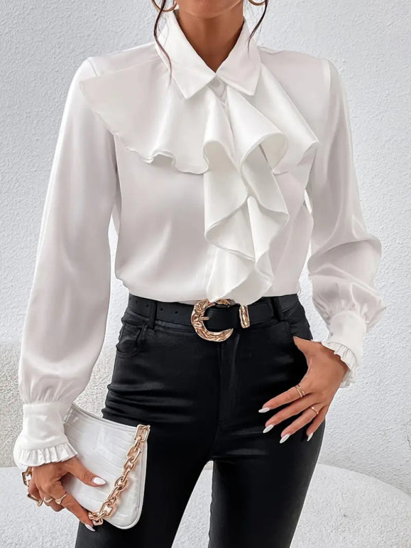 Office Lady Stand Up Collar Layered Ruffled Women’s Shirts - Flossy Mom